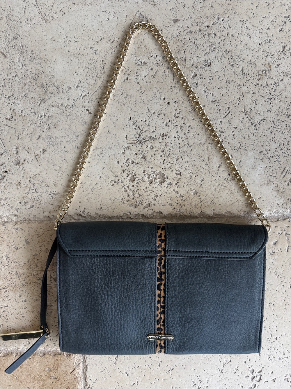 Vince Camuto Margo Leather Clutch Crossbody Black Leopard Accent NWT Style - Picture 4 of 6